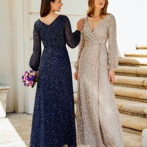 Adrianna Papell Sequin Long Sleeve Wrap Maxi Dress - Rose Gold